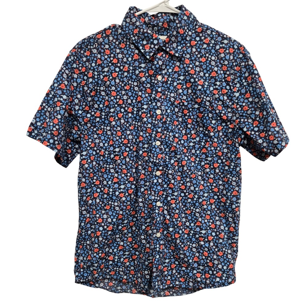 Free Assembly Mens Small Navy Blue Floral Cotton Linen Short Sleeve Button Down - Picture 2 of 9